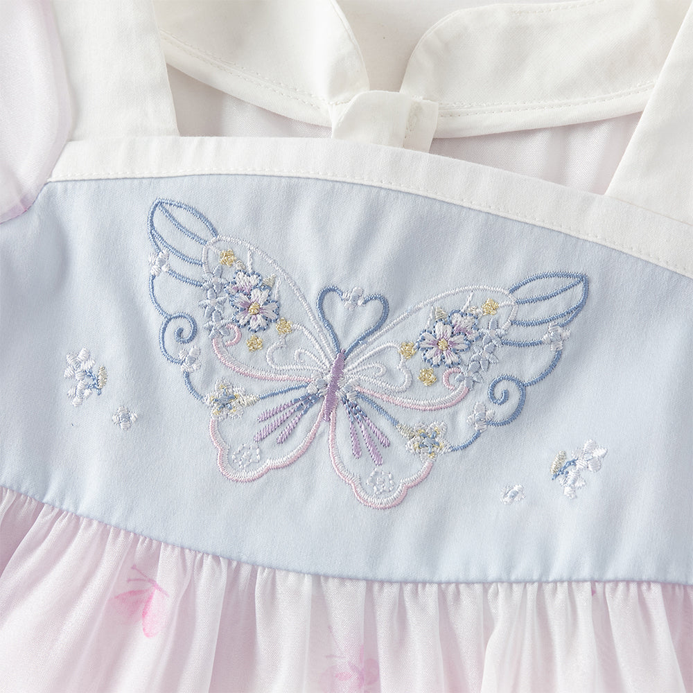 فستان بنات صيفي بطبعة فراشات بياقة مربعة وأكمام قصيرة مع تطريز بأسلوب أميرة (مع حقيبة متطابقة)