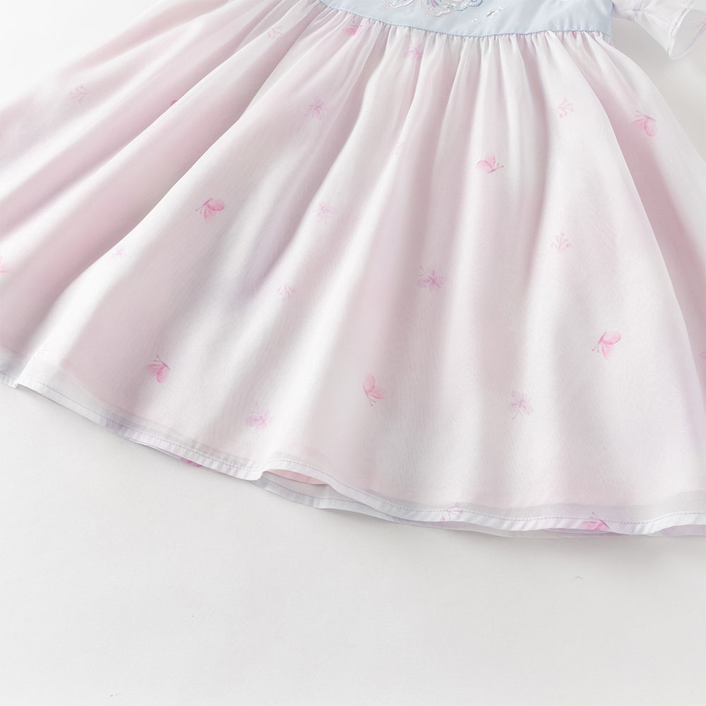 فستان بنات صيفي بطبعة فراشات بياقة مربعة وأكمام قصيرة مع تطريز بأسلوب أميرة (مع حقيبة متطابقة)