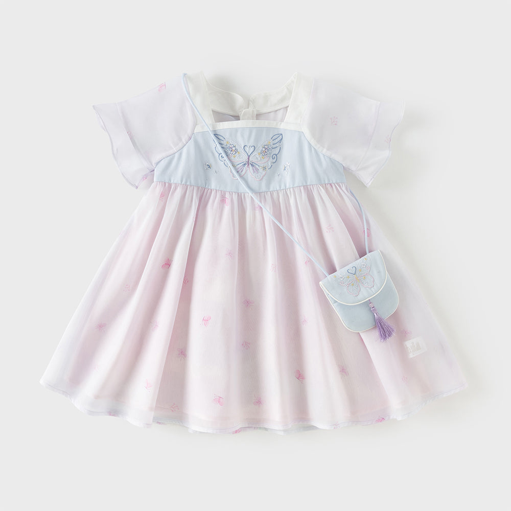 فستان بنات صيفي بطبعة فراشات بياقة مربعة وأكمام قصيرة مع تطريز بأسلوب أميرة (مع حقيبة متطابقة)