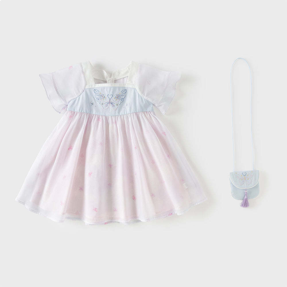 فستان بنات صيفي بطبعة فراشات بياقة مربعة وأكمام قصيرة مع تطريز بأسلوب أميرة (مع حقيبة متطابقة)