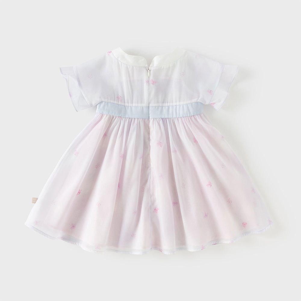 فستان بنات صيفي بطبعة فراشات بياقة مربعة وأكمام قصيرة مع تطريز بأسلوب أميرة (مع حقيبة متطابقة)