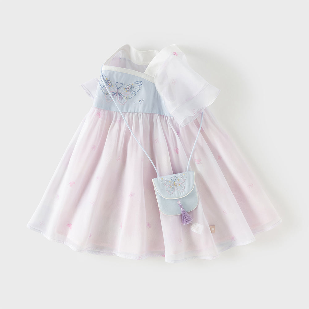 فستان بنات صيفي بطبعة فراشات بياقة مربعة وأكمام قصيرة مع تطريز بأسلوب أميرة (مع حقيبة متطابقة)