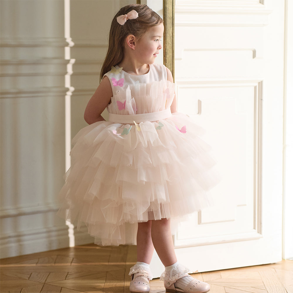 فستان بنات صيفي وردي بدون أكمام من التول بأسلوب أميرة مع فراشات ثلاثية الأبعاد وحزام قابل للإزالة