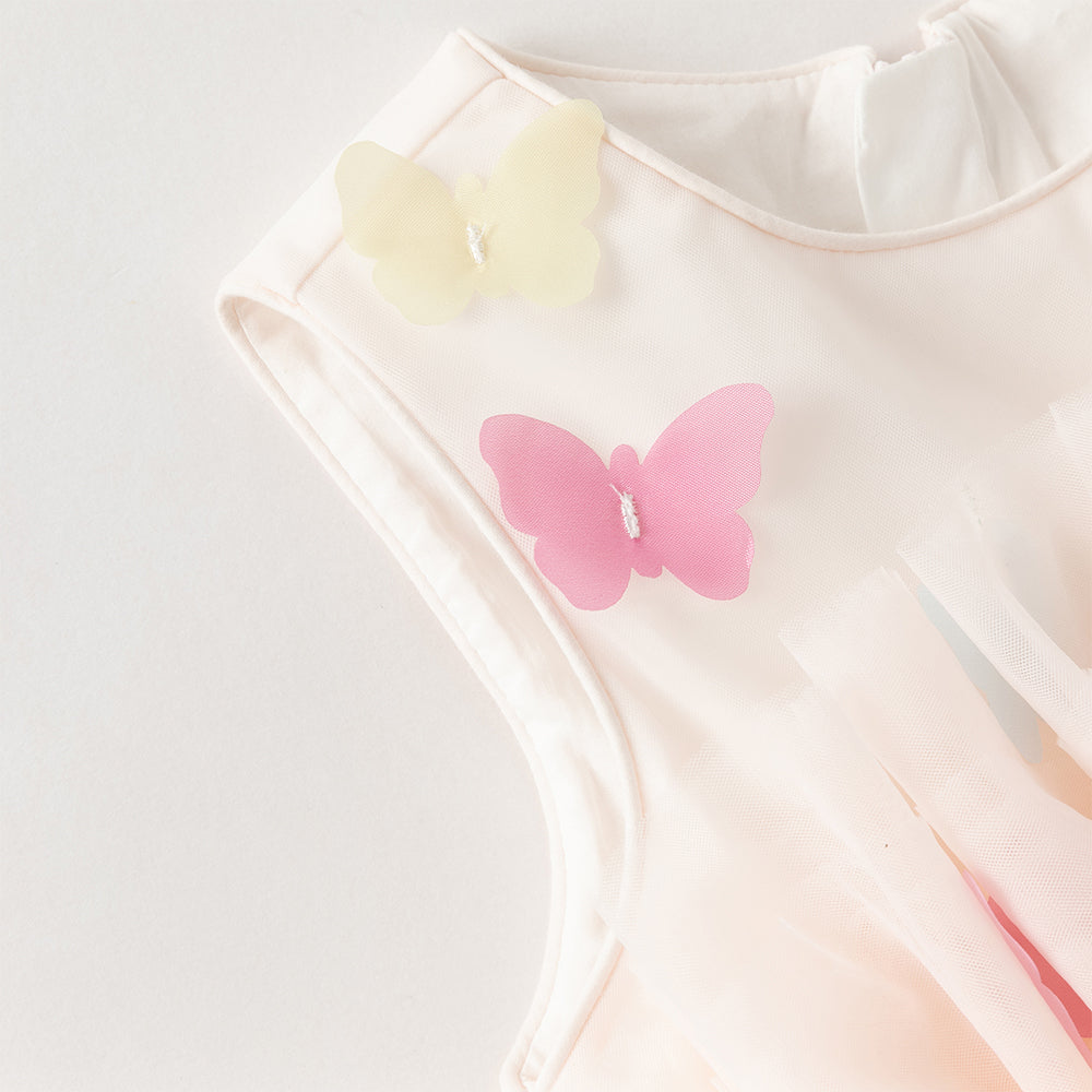 فستان بنات صيفي وردي بدون أكمام من التول بأسلوب أميرة مع فراشات ثلاثية الأبعاد وحزام قابل للإزالة