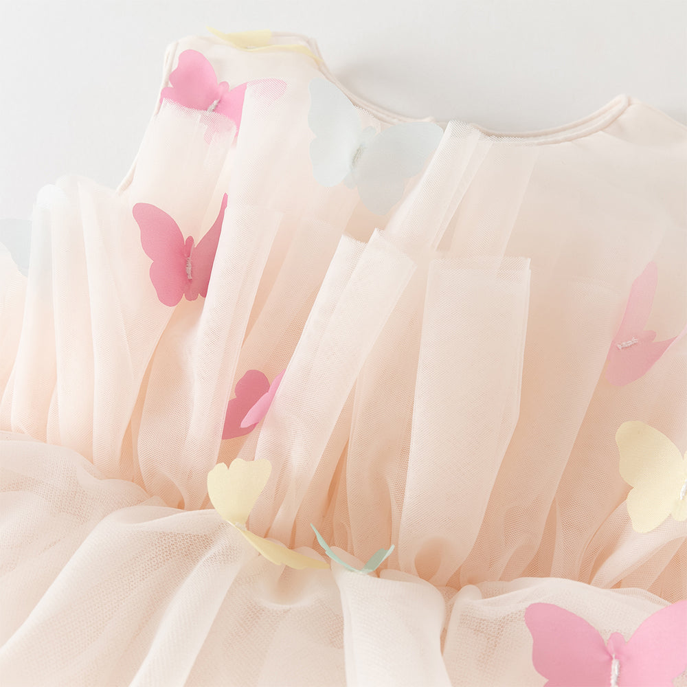 فستان بنات صيفي وردي بدون أكمام من التول بأسلوب أميرة مع فراشات ثلاثية الأبعاد وحزام قابل للإزالة