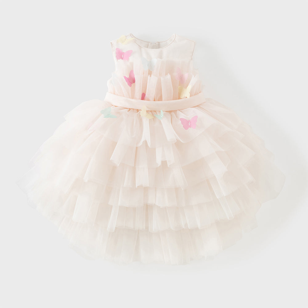 فستان بنات صيفي وردي بدون أكمام من التول بأسلوب أميرة مع فراشات ثلاثية الأبعاد وحزام قابل للإزالة