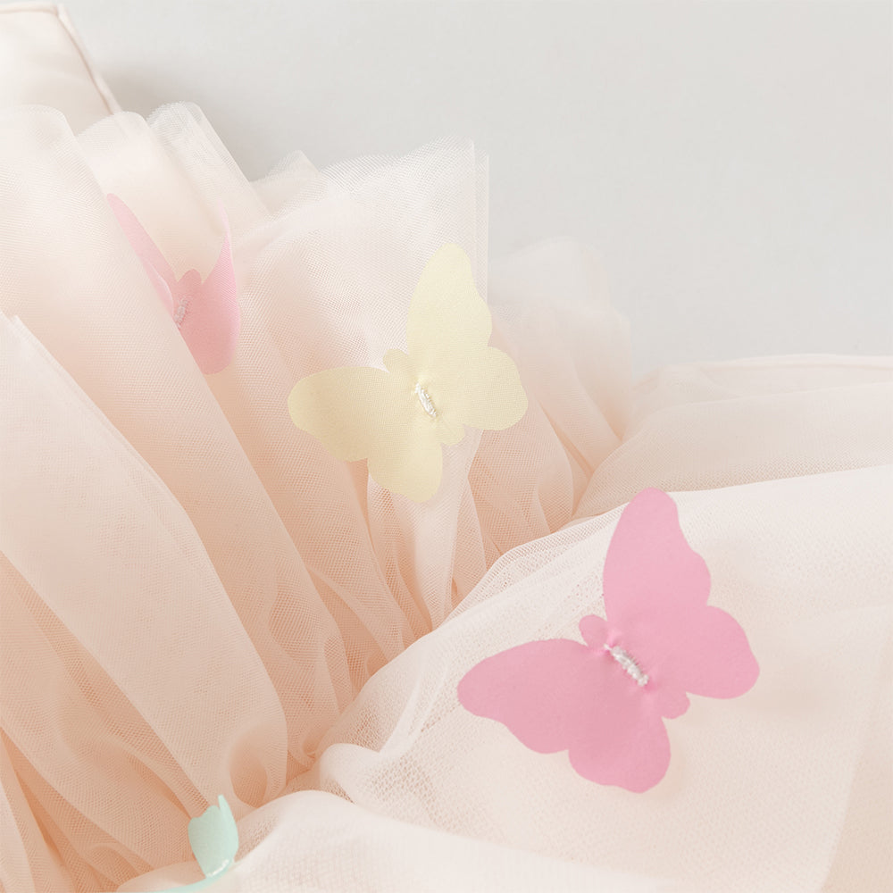 فستان بنات صيفي وردي بدون أكمام من التول بأسلوب أميرة مع فراشات ثلاثية الأبعاد وحزام قابل للإزالة