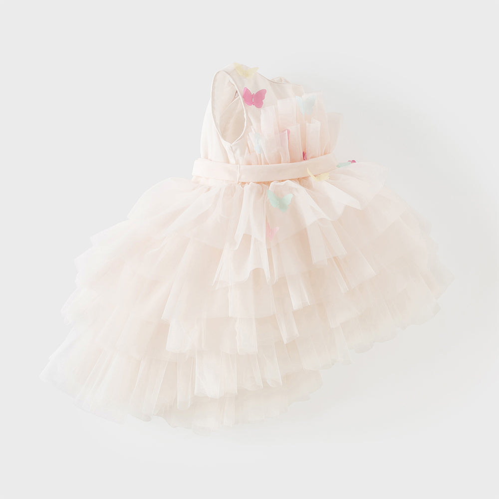 فستان بنات صيفي وردي بدون أكمام من التول بأسلوب أميرة مع فراشات ثلاثية الأبعاد وحزام قابل للإزالة