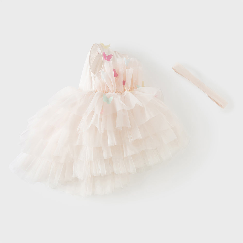 فستان بنات صيفي وردي بدون أكمام من التول بأسلوب أميرة مع فراشات ثلاثية الأبعاد وحزام قابل للإزالة