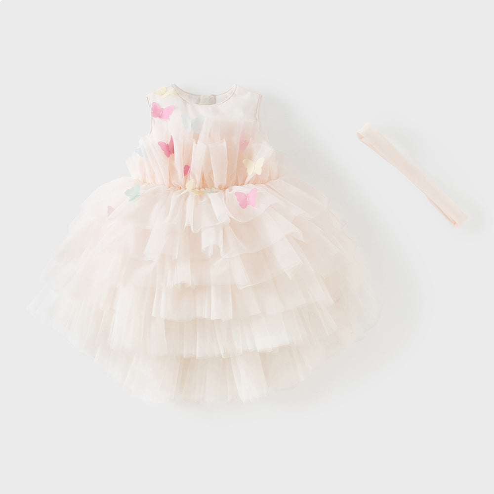 فستان بنات صيفي وردي بدون أكمام من التول بأسلوب أميرة مع فراشات ثلاثية الأبعاد وحزام قابل للإزالة