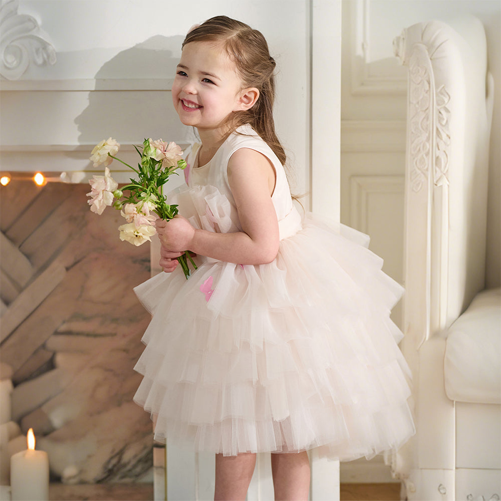 فستان بنات صيفي وردي بدون أكمام من التول بأسلوب أميرة مع فراشات ثلاثية الأبعاد وحزام قابل للإزالة