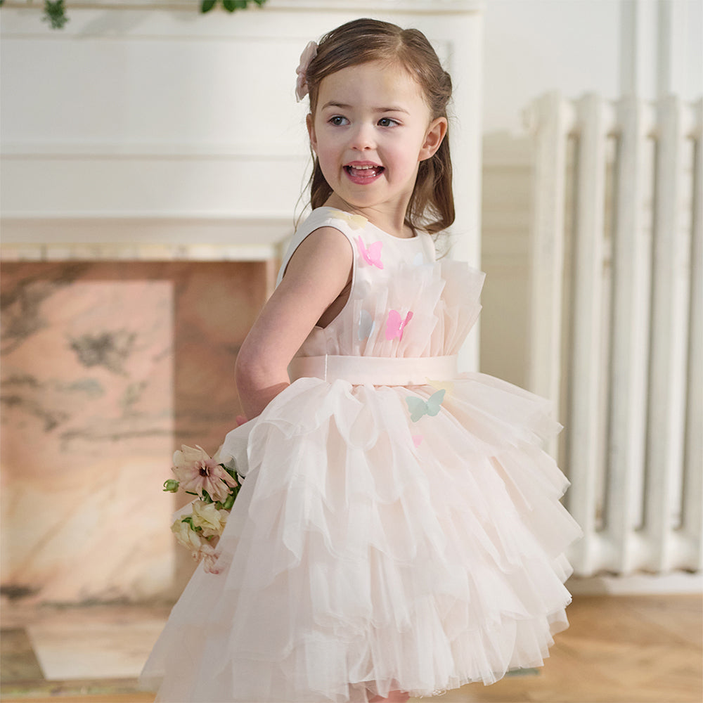 فستان بنات صيفي وردي بدون أكمام من التول بأسلوب أميرة مع فراشات ثلاثية الأبعاد وحزام قابل للإزالة