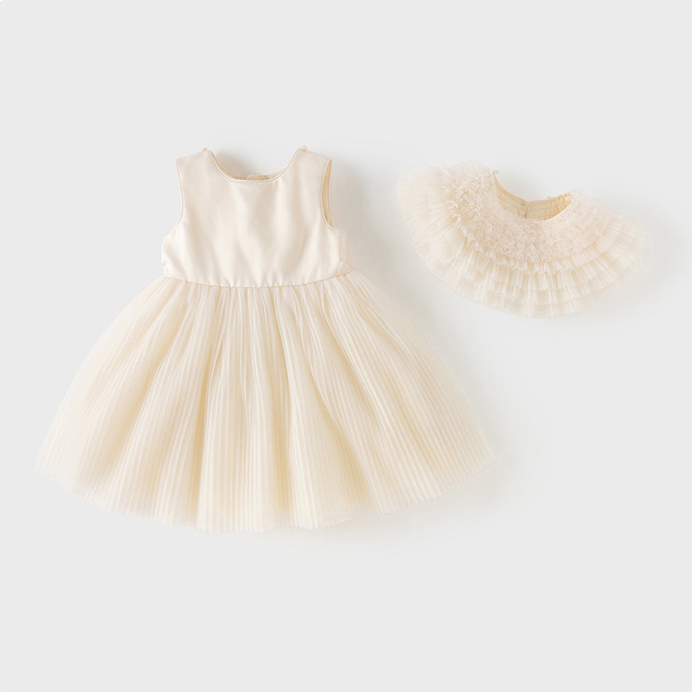 فستان بنات صيفي بلون الشامبين بدون أكمام من التول بأسلوب أميرة مع شال متناسق