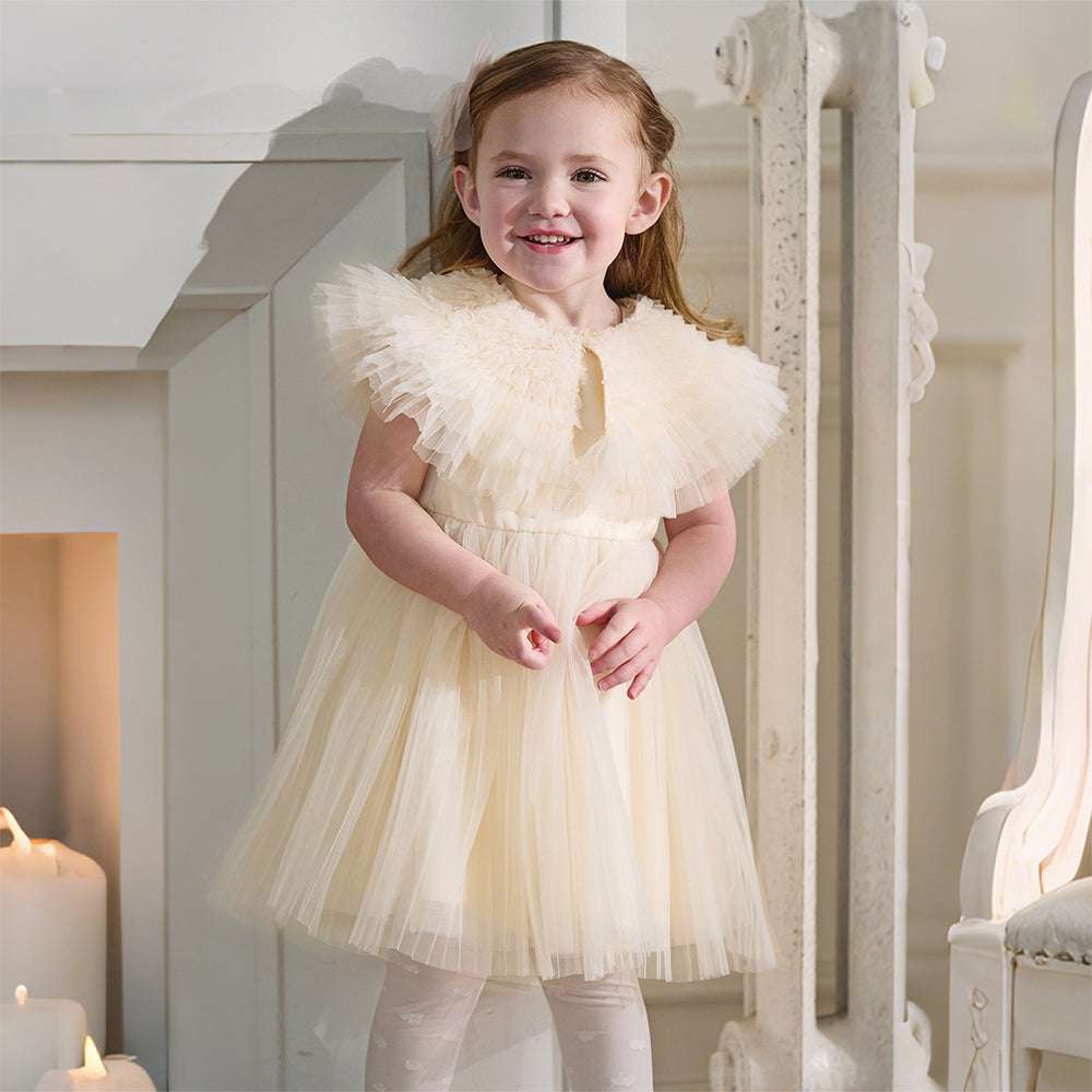 فستان بنات صيفي بلون الشامبين بدون أكمام من التول بأسلوب أميرة مع شال متناسق