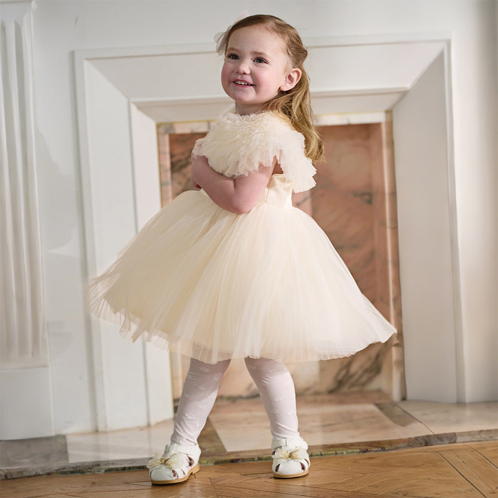 فستان بنات صيفي بلون الشامبين بدون أكمام من التول بأسلوب أميرة مع شال متناسق