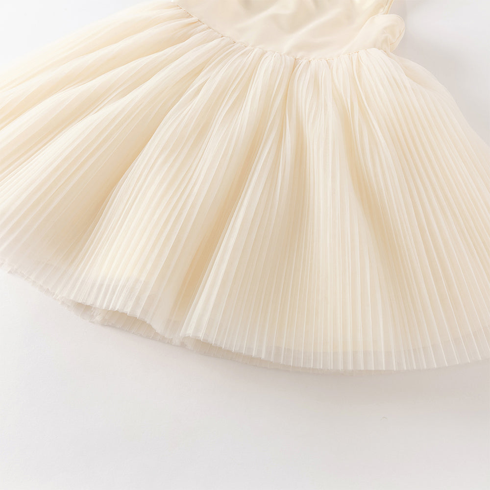 فستان بنات صيفي بلون الشامبين بدون أكمام من التول بأسلوب أميرة مع شال متناسق