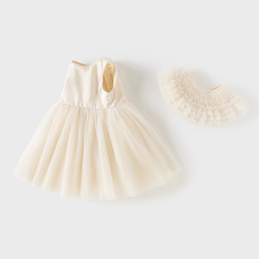 فستان بنات صيفي بلون الشامبين بدون أكمام من التول بأسلوب أميرة مع شال متناسق