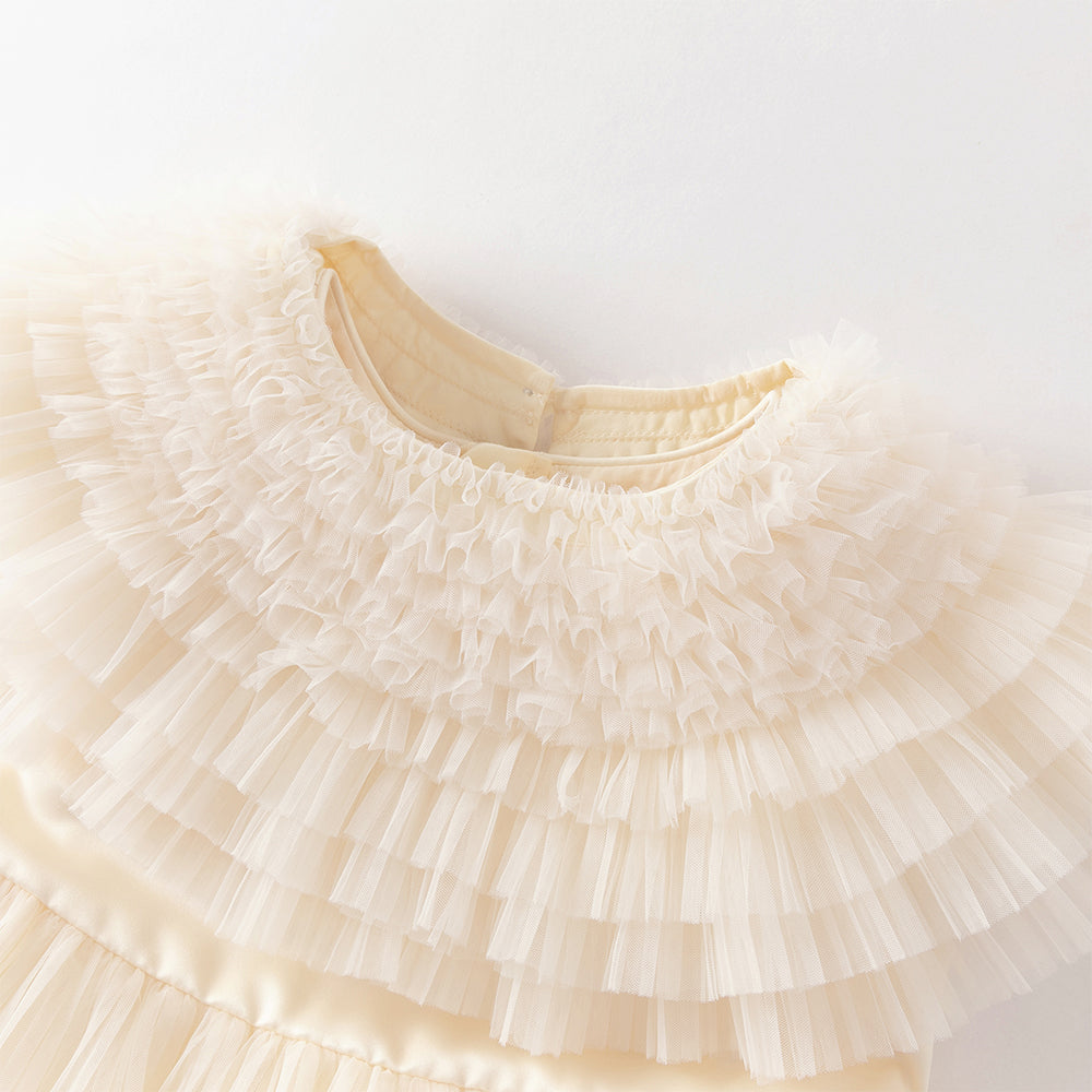 فستان بنات صيفي بلون الشامبين بدون أكمام من التول بأسلوب أميرة مع شال متناسق