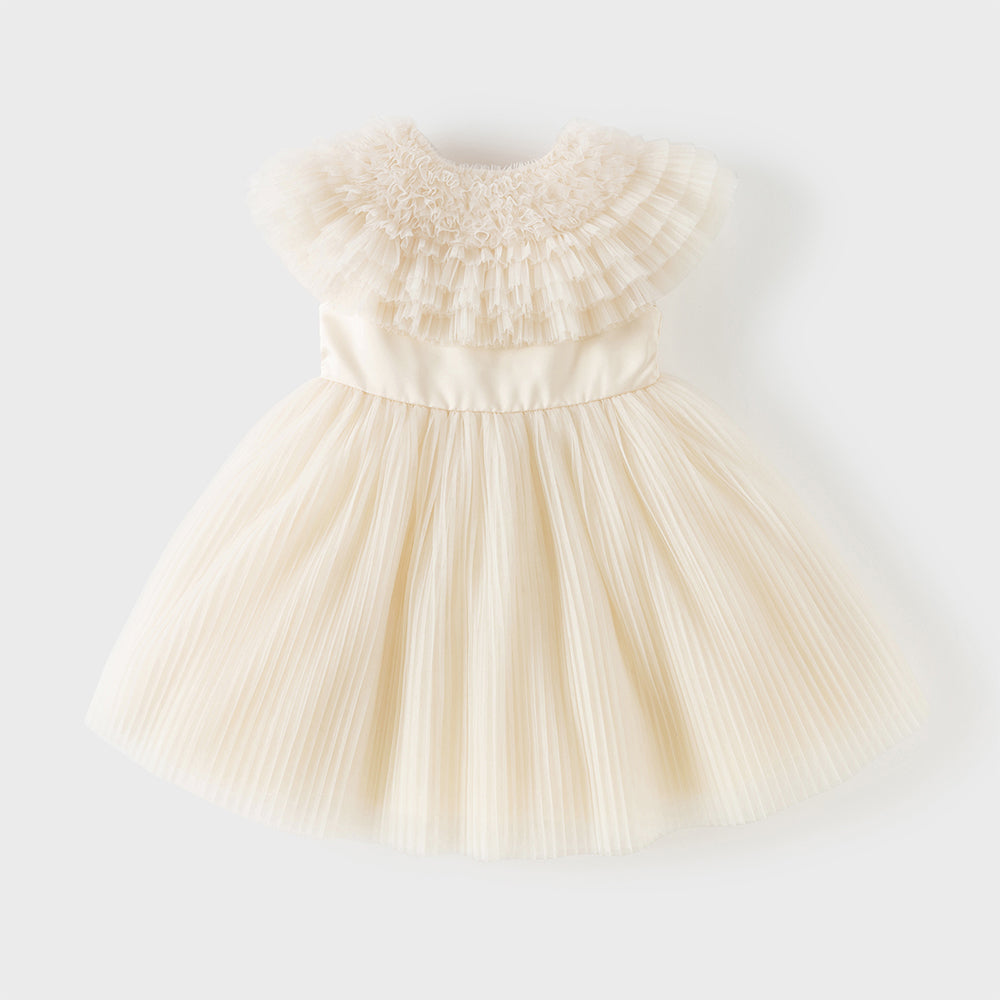 فستان بنات صيفي بلون الشامبين بدون أكمام من التول بأسلوب أميرة مع شال متناسق