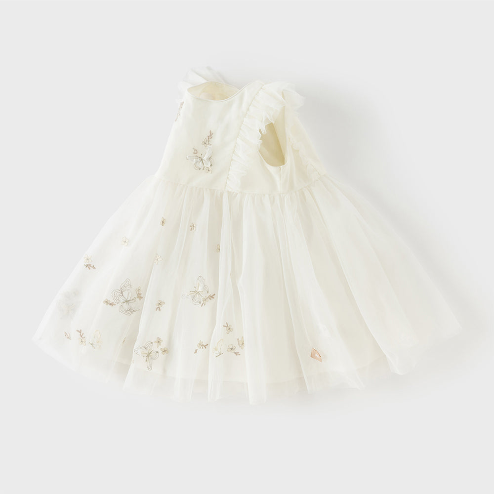 فستان بنات صيفي بدون أكمام من التول بتطريز فراشات وزهور - بيج وأخضر تفاحي