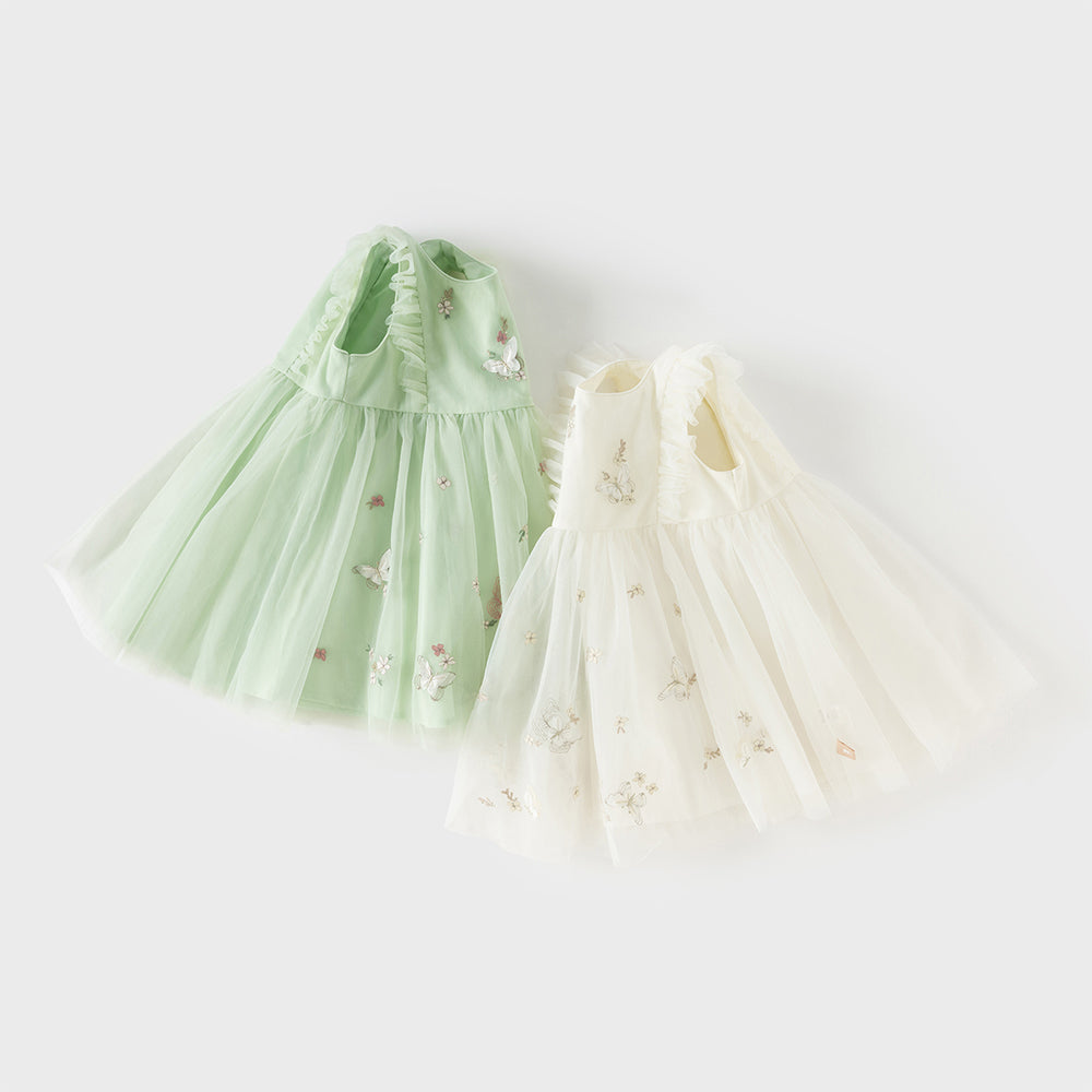 فستان بنات صيفي بدون أكمام من التول بتطريز فراشات وزهور - بيج وأخضر تفاحي