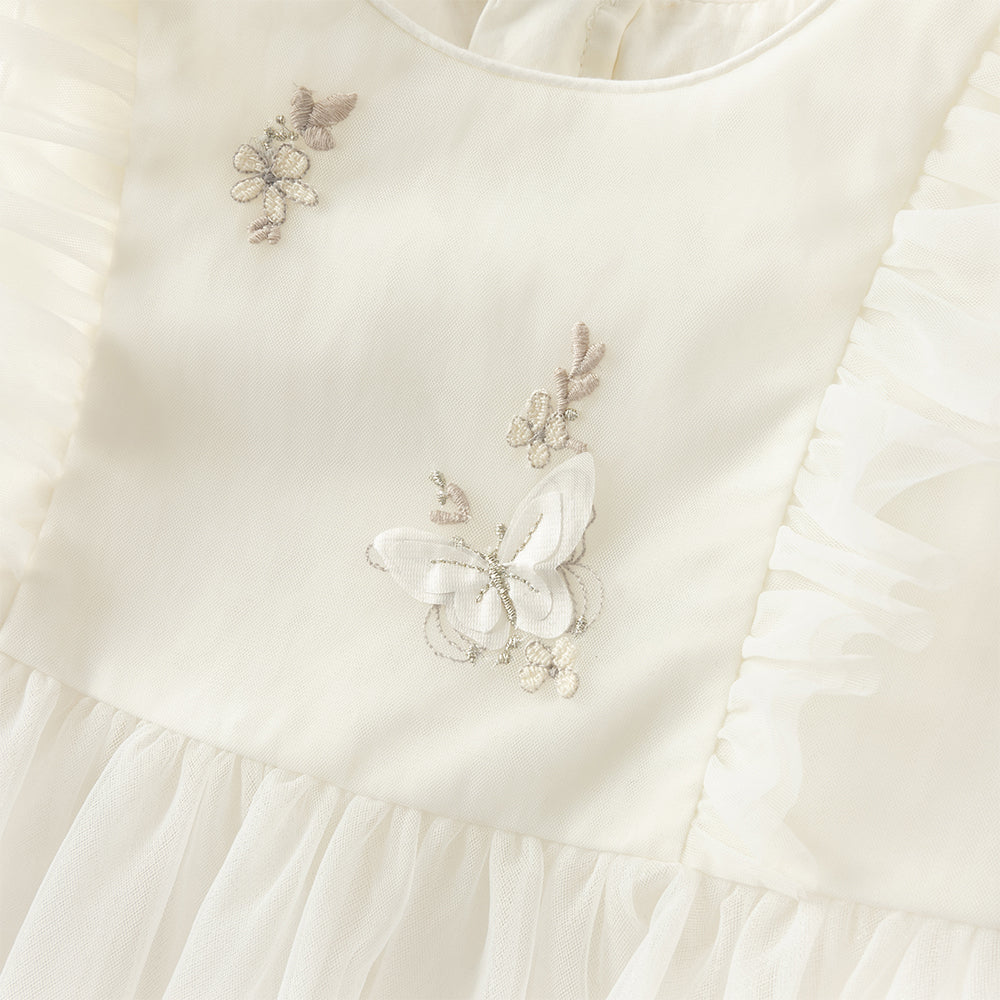 فستان بنات صيفي بدون أكمام من التول بتطريز فراشات وزهور - بيج وأخضر تفاحي