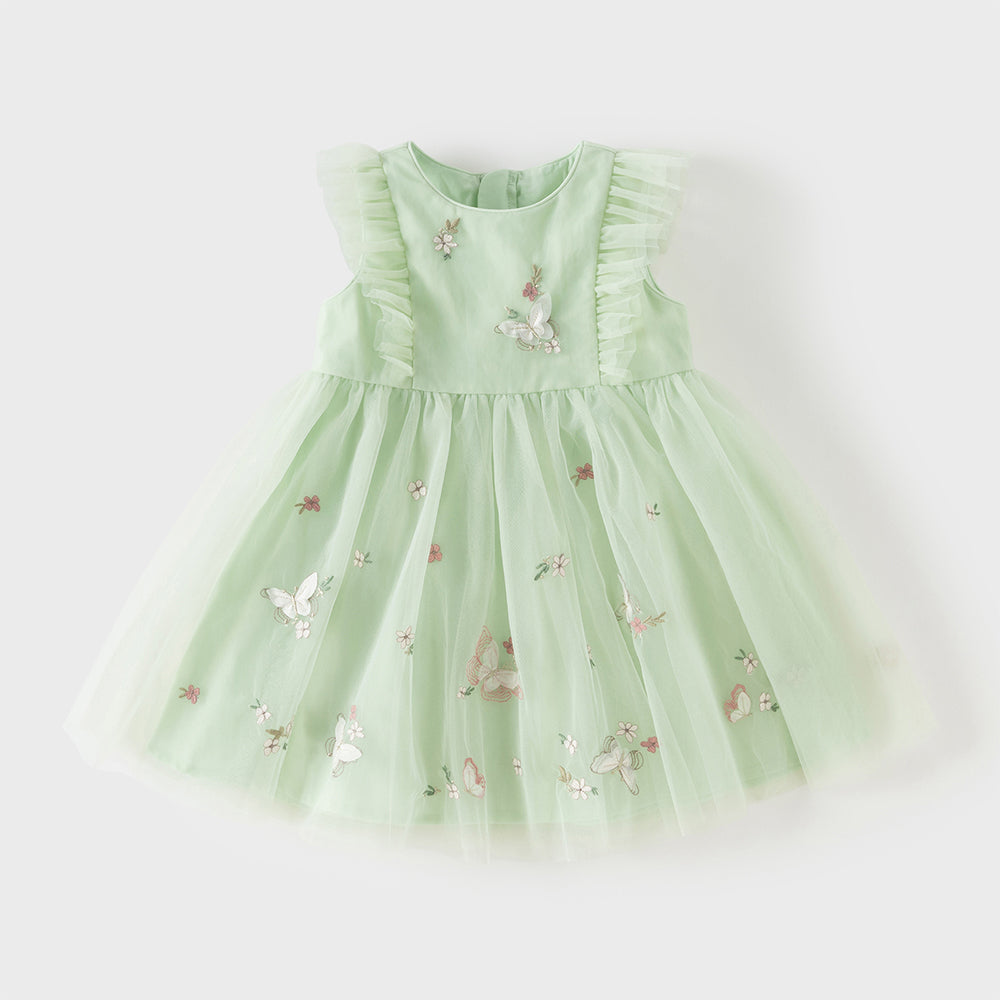 فستان بنات صيفي بدون أكمام من التول بتطريز فراشات وزهور - بيج وأخضر تفاحي