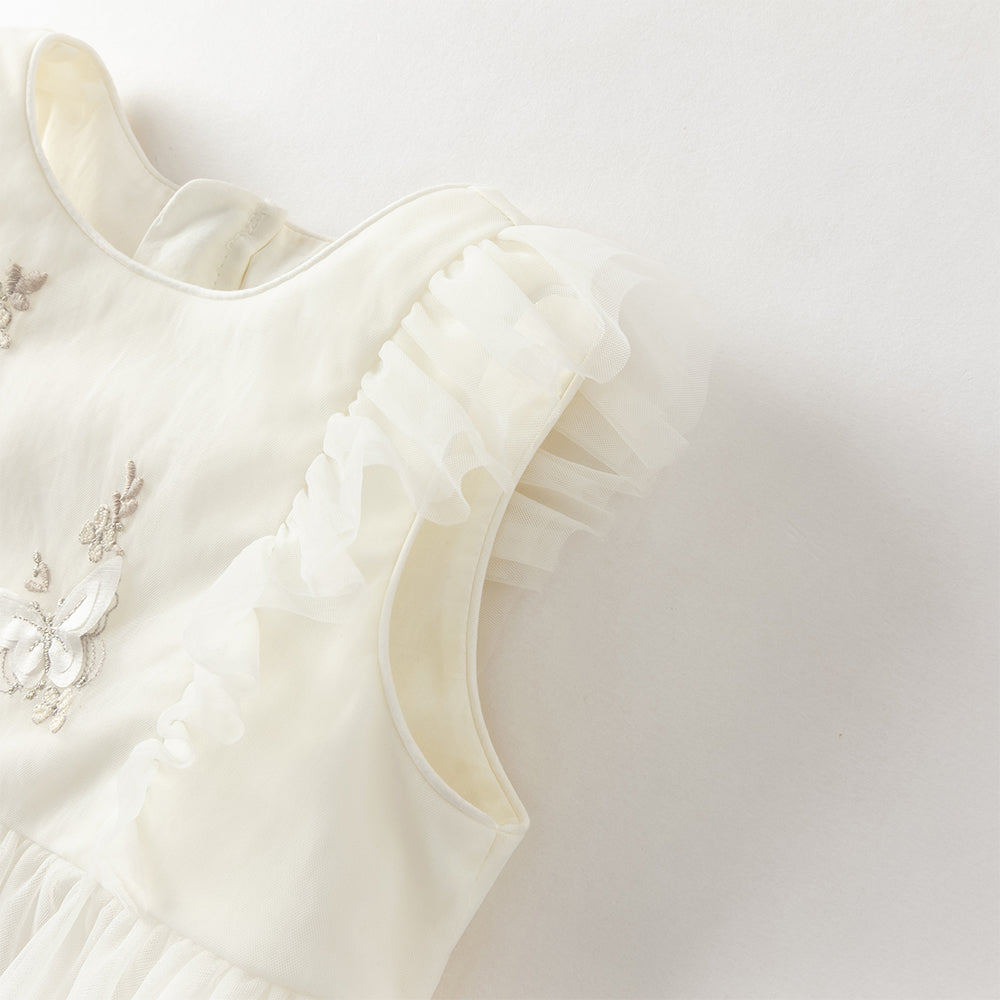 فستان بنات صيفي بدون أكمام من التول بتطريز فراشات وزهور - بيج وأخضر تفاحي