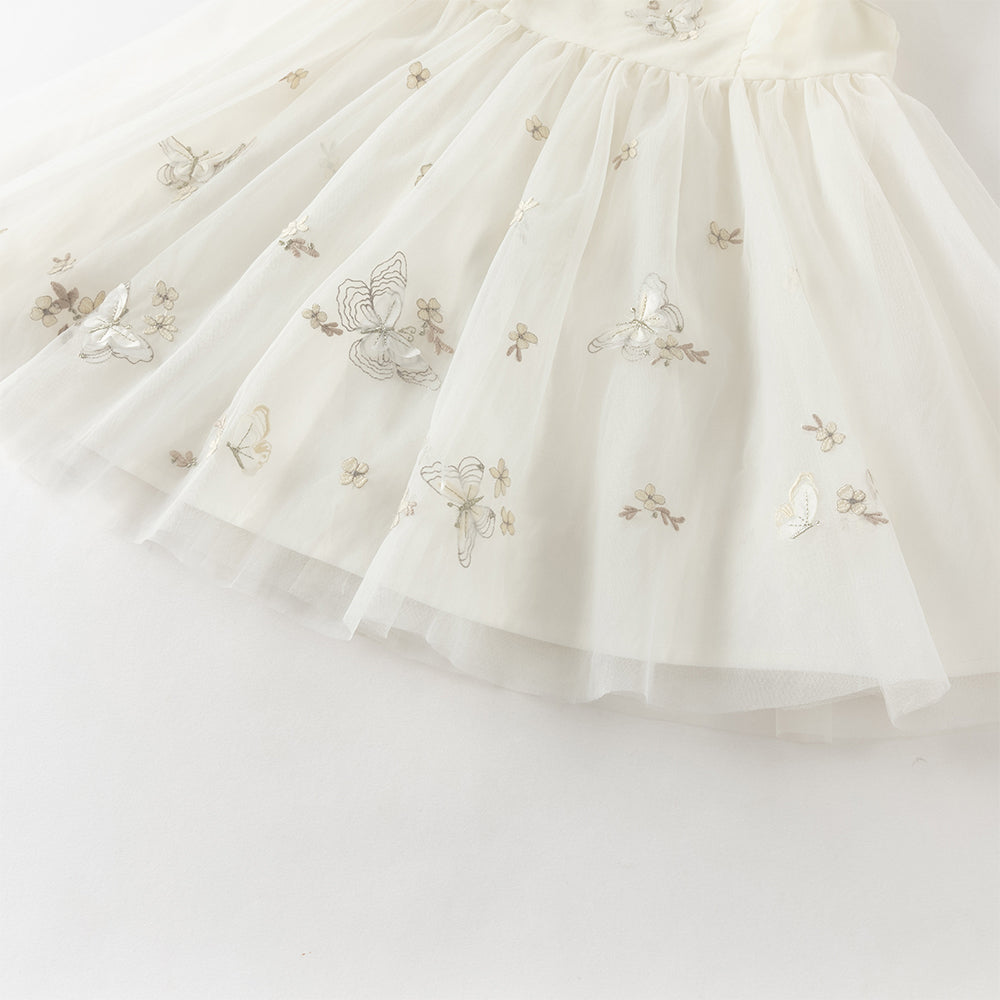 فستان بنات صيفي بدون أكمام من التول بتطريز فراشات وزهور - بيج وأخضر تفاحي