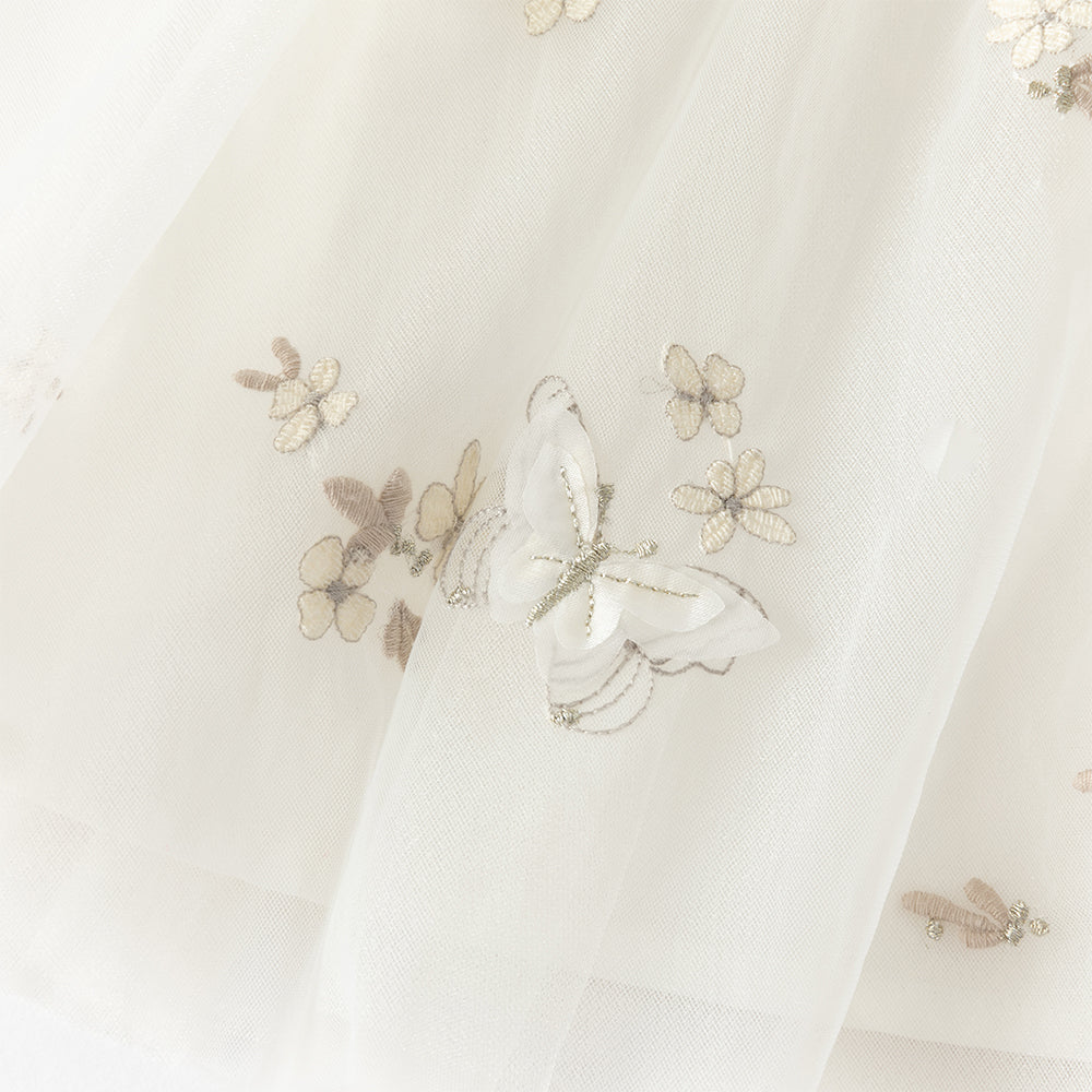 فستان بنات صيفي بدون أكمام من التول بتطريز فراشات وزهور - بيج وأخضر تفاحي