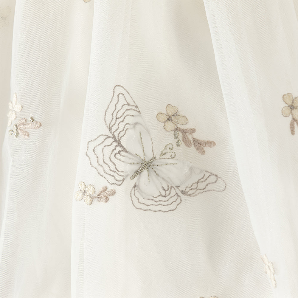 فستان بنات صيفي بدون أكمام من التول بتطريز فراشات وزهور - بيج وأخضر تفاحي