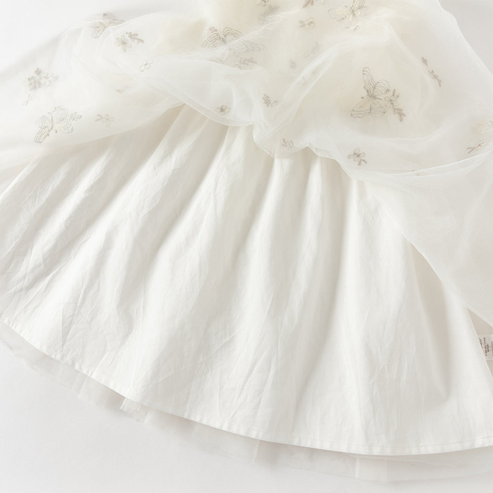 فستان بنات صيفي بدون أكمام من التول بتطريز فراشات وزهور - بيج وأخضر تفاحي