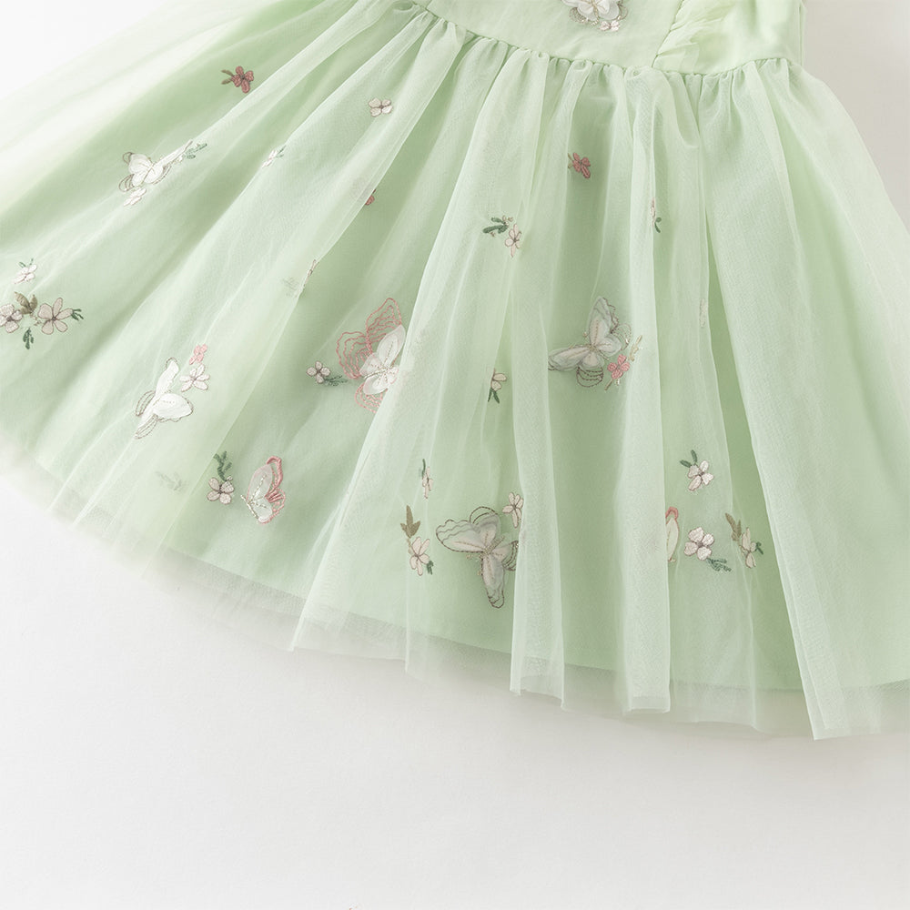 فستان بنات صيفي بدون أكمام من التول بتطريز فراشات وزهور - بيج وأخضر تفاحي