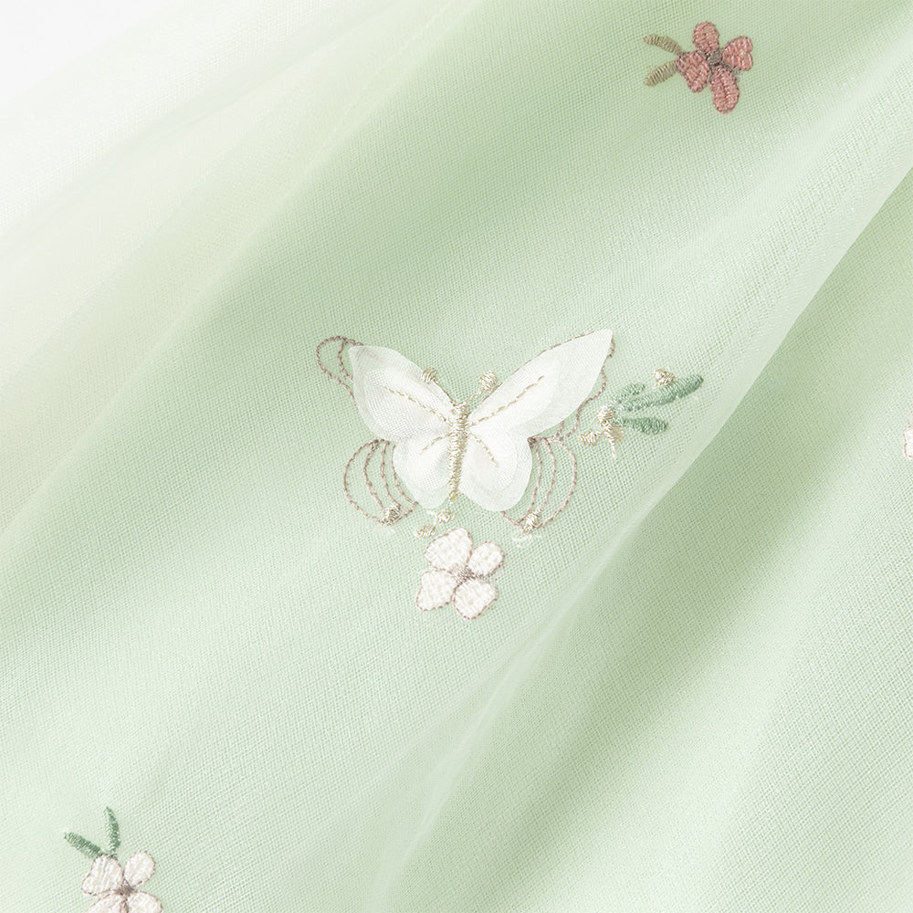 فستان بنات صيفي بدون أكمام من التول بتطريز فراشات وزهور - بيج وأخضر تفاحي
