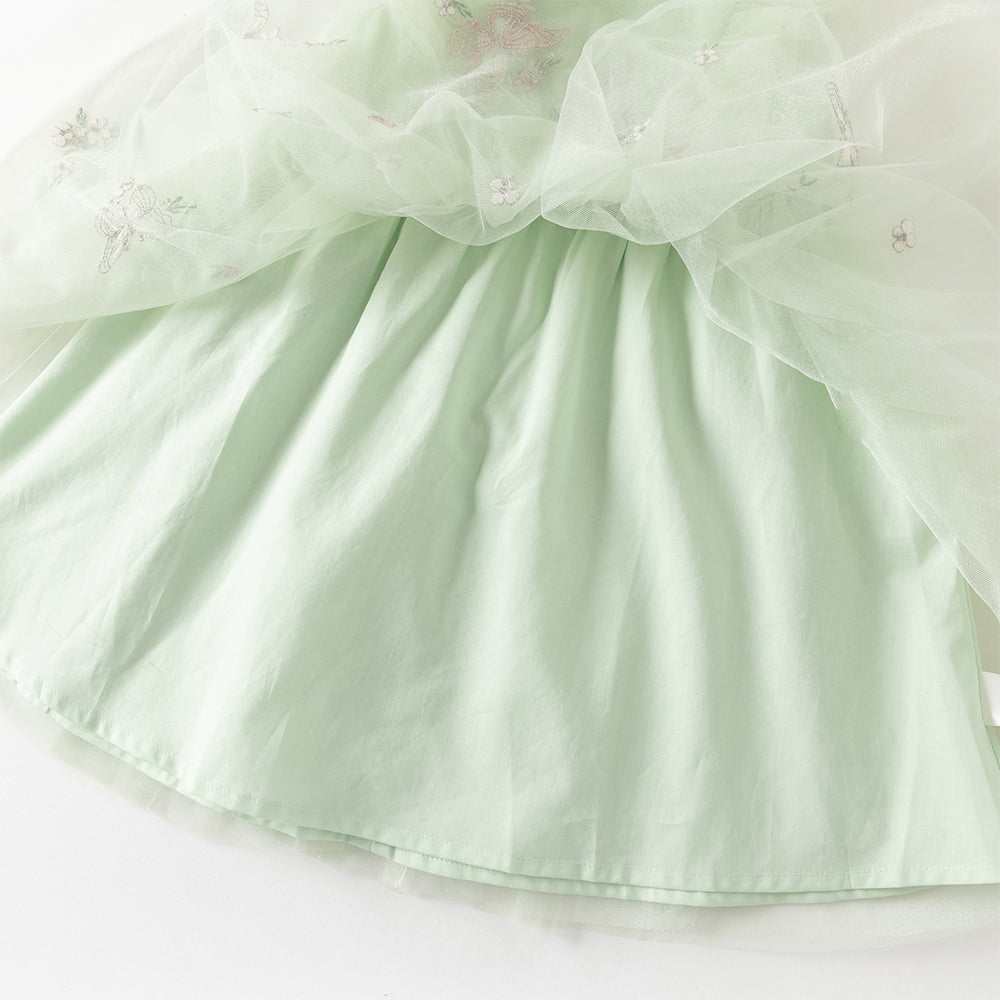 فستان بنات صيفي بدون أكمام من التول بتطريز فراشات وزهور - بيج وأخضر تفاحي