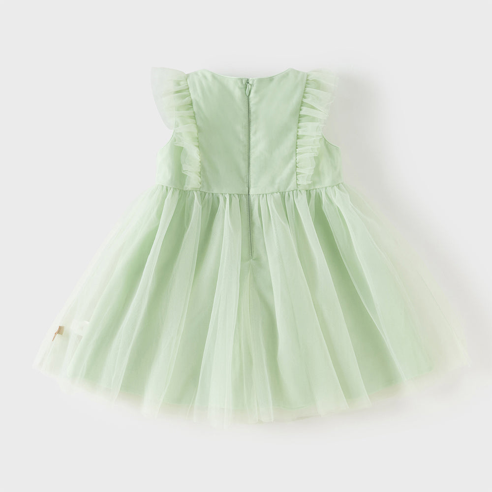 فستان بنات صيفي بدون أكمام من التول بتطريز فراشات وزهور - بيج وأخضر تفاحي