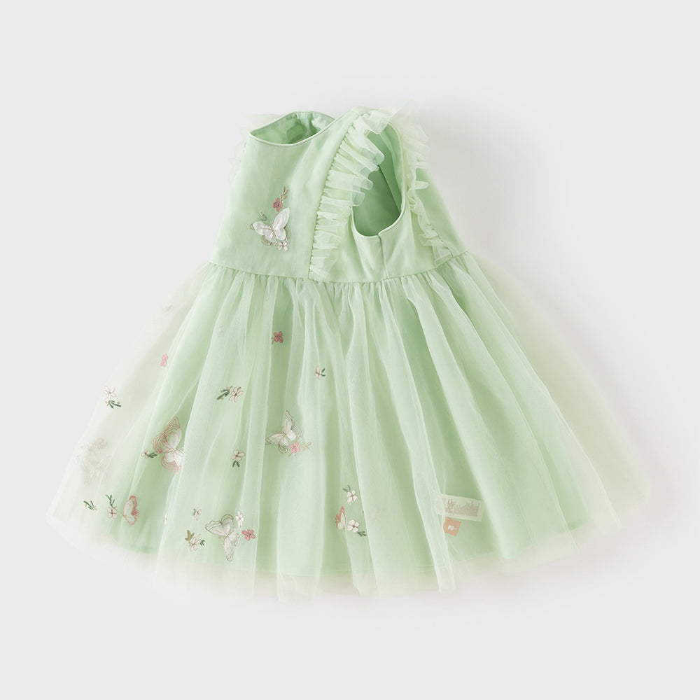 فستان بنات صيفي بدون أكمام من التول بتطريز فراشات وزهور - بيج وأخضر تفاحي