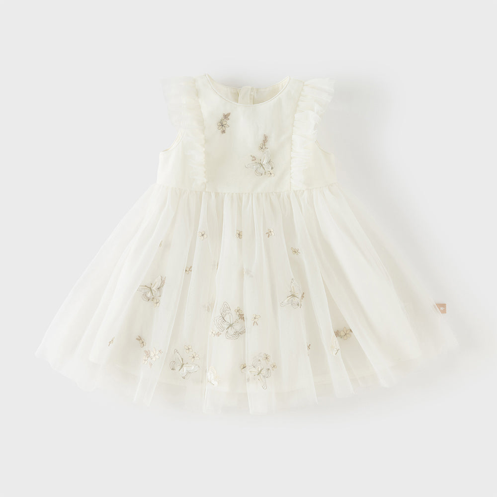 فستان بنات صيفي بدون أكمام من التول بتطريز فراشات وزهور - بيج وأخضر تفاحي