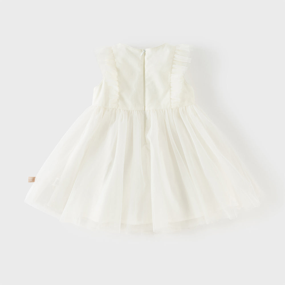 فستان بنات صيفي بدون أكمام من التول بتطريز فراشات وزهور - بيج وأخضر تفاحي