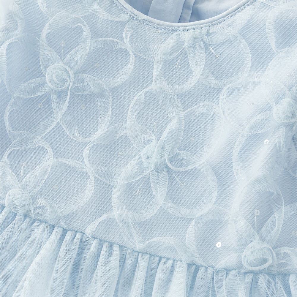 فستان بنات صيفي أزرق بدون أكمام من التول بأسلوب أميرة مع زخارف زهور وكشكش