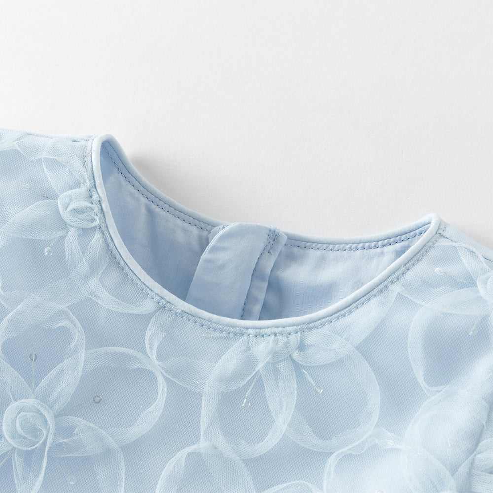 فستان بنات صيفي أزرق بدون أكمام من التول بأسلوب أميرة مع زخارف زهور وكشكش