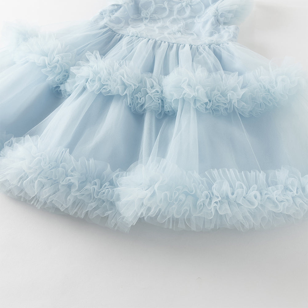 فستان بنات صيفي أزرق بدون أكمام من التول بأسلوب أميرة مع زخارف زهور وكشكش