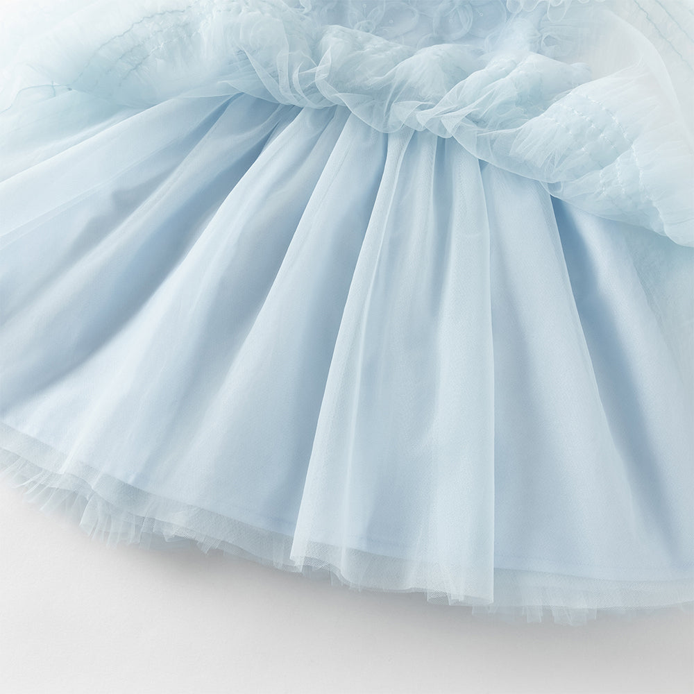 فستان بنات صيفي أزرق بدون أكمام من التول بأسلوب أميرة مع زخارف زهور وكشكش