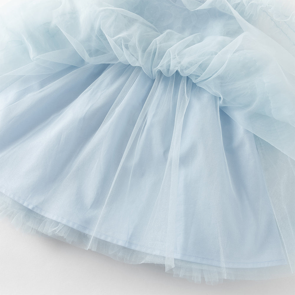 فستان بنات صيفي أزرق بدون أكمام من التول بأسلوب أميرة مع زخارف زهور وكشكش