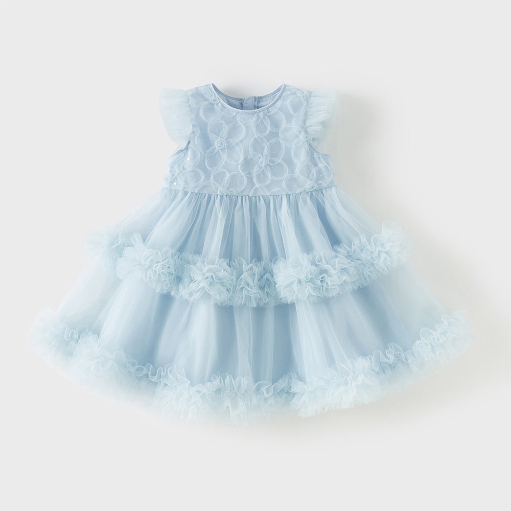 فستان بنات صيفي أزرق بدون أكمام من التول بأسلوب أميرة مع زخارف زهور وكشكش