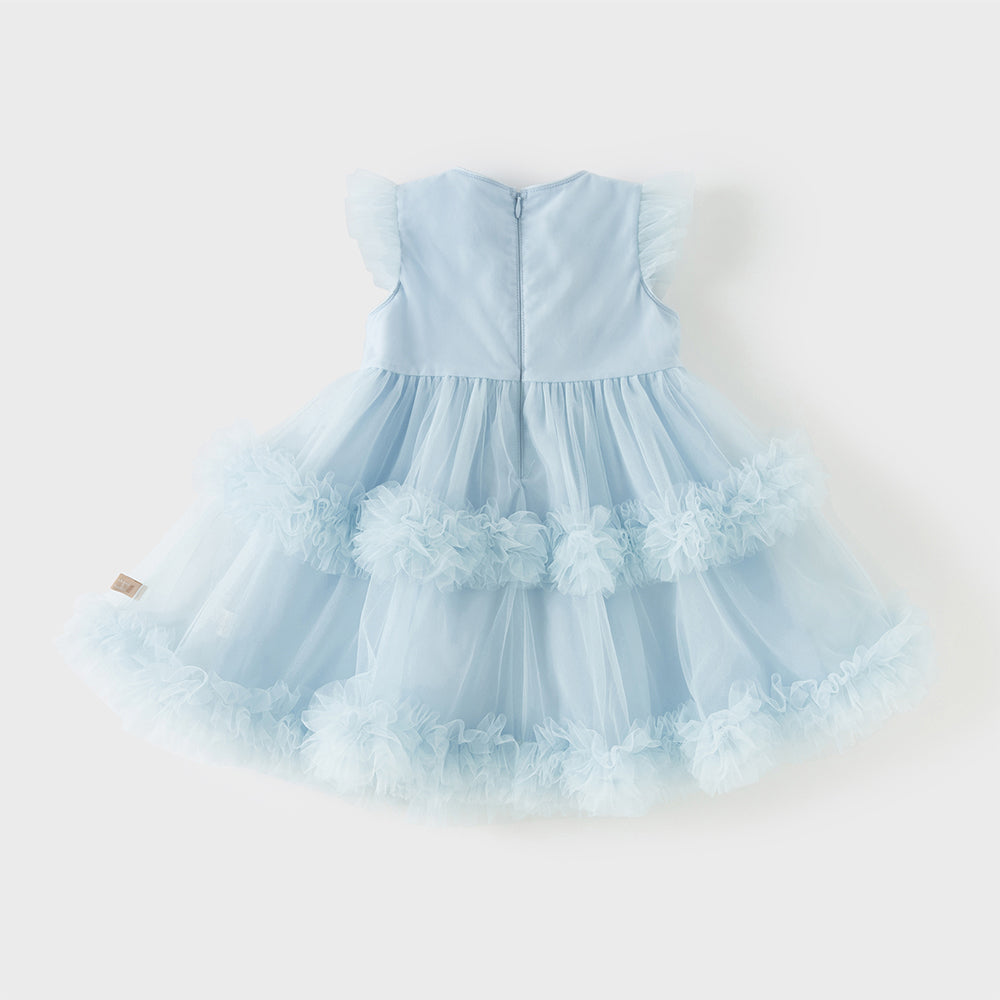 فستان بنات صيفي أزرق بدون أكمام من التول بأسلوب أميرة مع زخارف زهور وكشكش