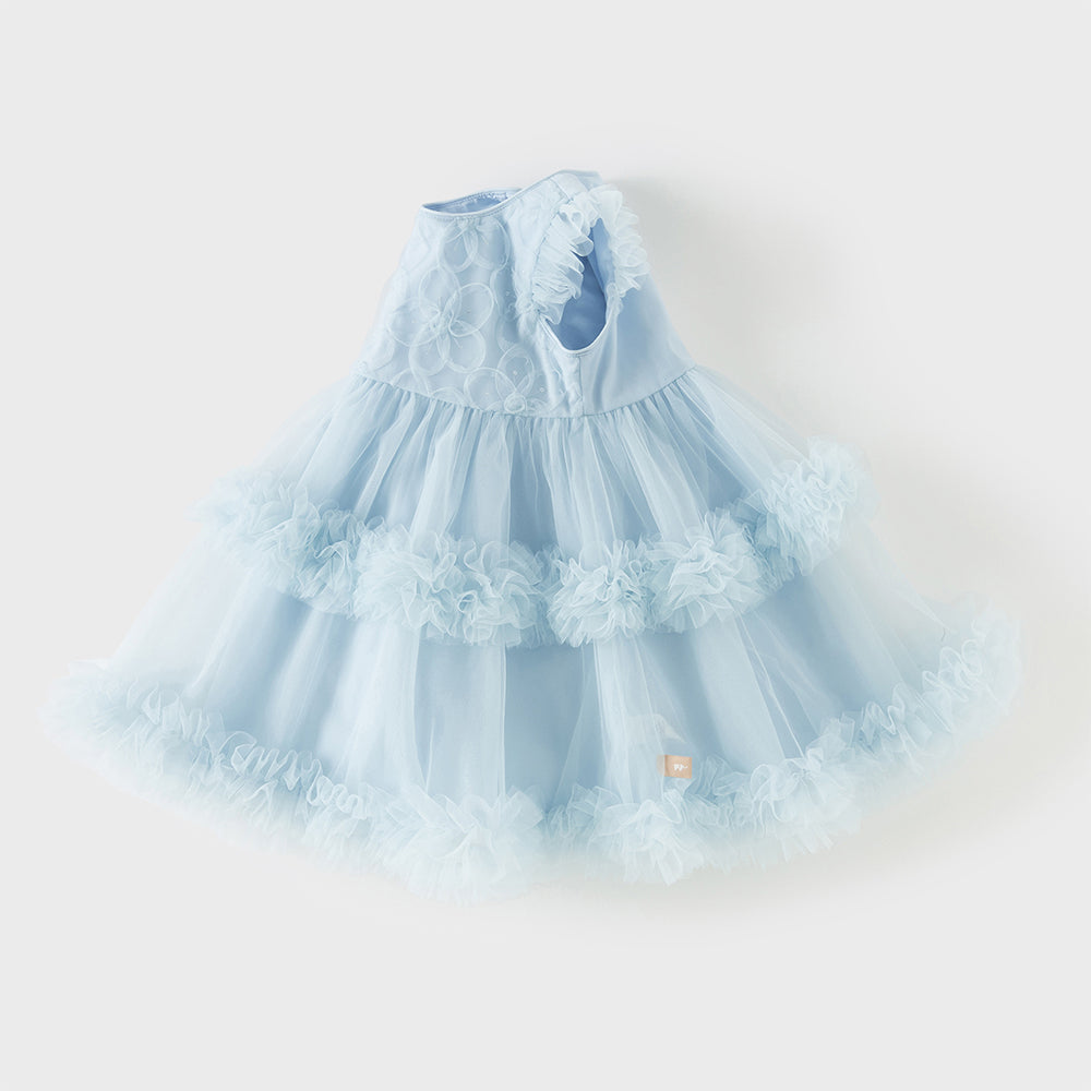 فستان بنات صيفي أزرق بدون أكمام من التول بأسلوب أميرة مع زخارف زهور وكشكش