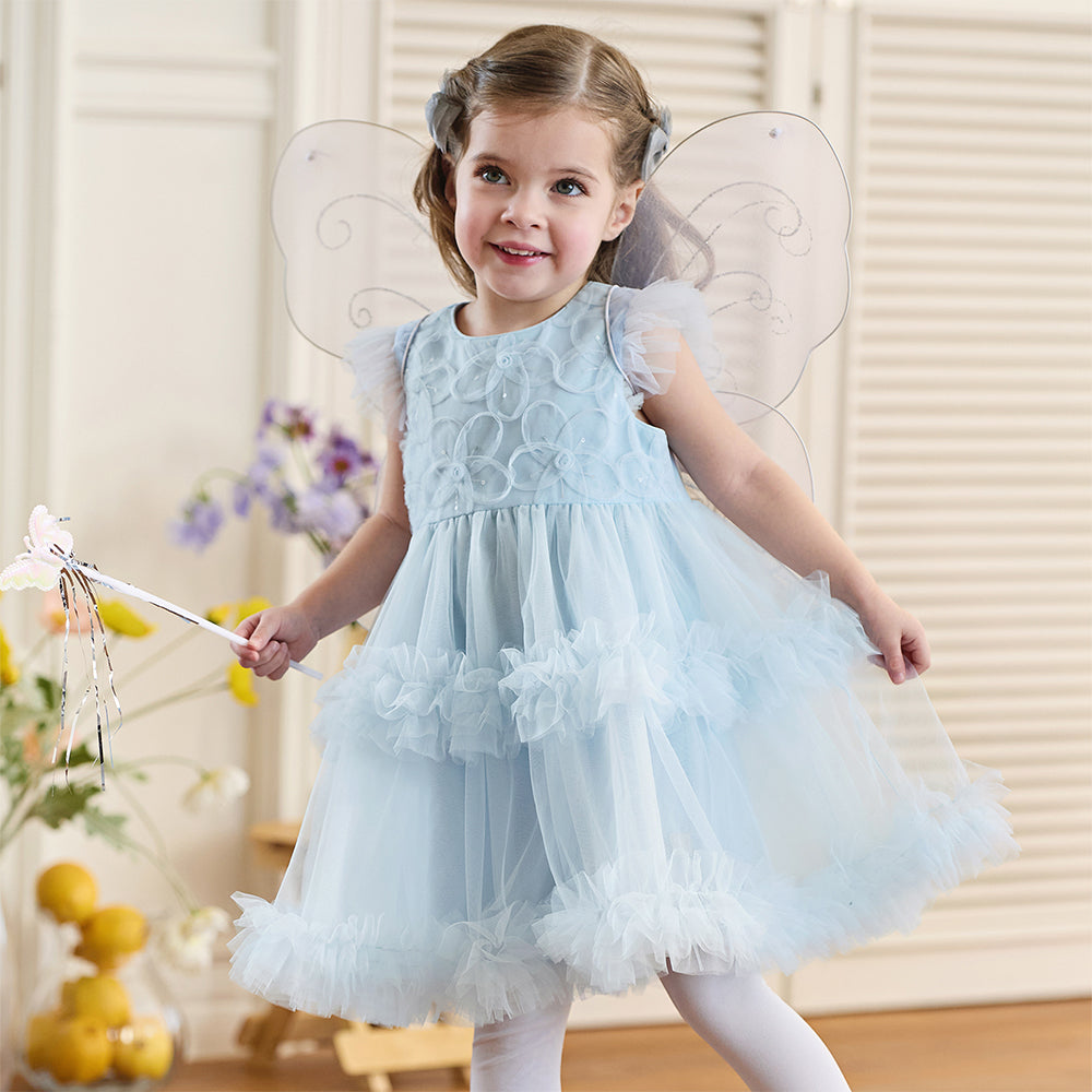 فستان بنات صيفي أزرق بدون أكمام من التول بأسلوب أميرة مع زخارف زهور وكشكش