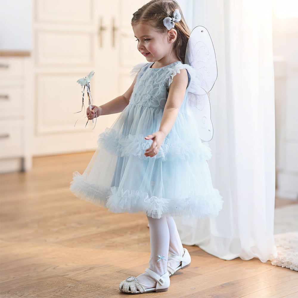 فستان بنات صيفي أزرق بدون أكمام من التول بأسلوب أميرة مع زخارف زهور وكشكش