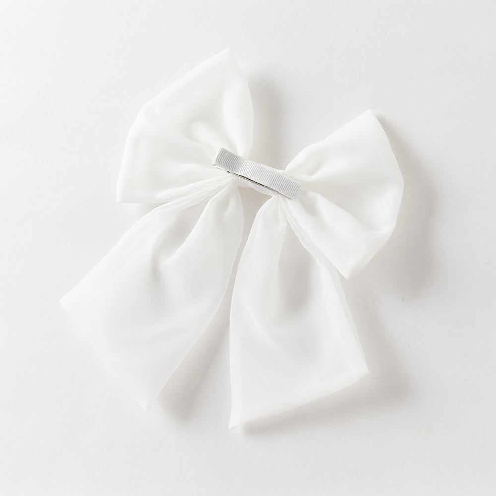 فستان بنات صيفي أبيض من التول بتطريز زهور وأكمام قصيرة (مع مشبك شعر بفيونكة متطابقة)